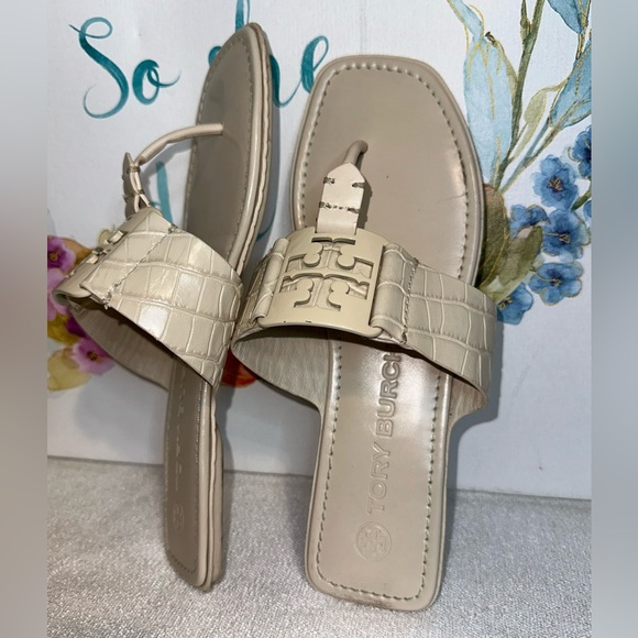TORY BURCH Georgia Cream Soft Croc Ivory Sandals Size 8M - Picture 4 of 5